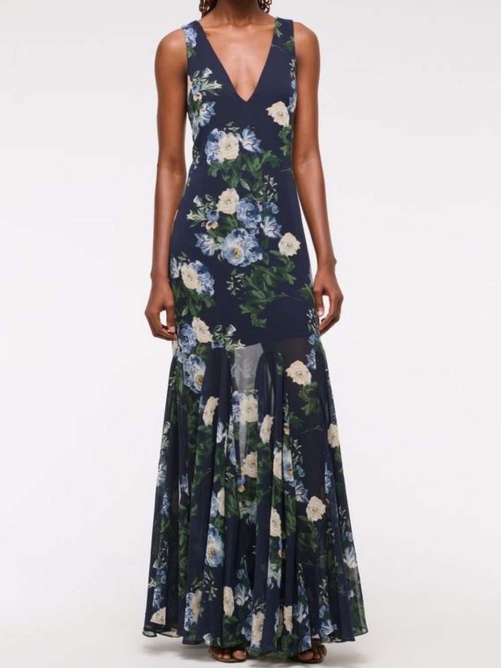 Abercrombie Dark Indigo Floral Plunge Godet Skirt Maxi Dress- Size Large Tall